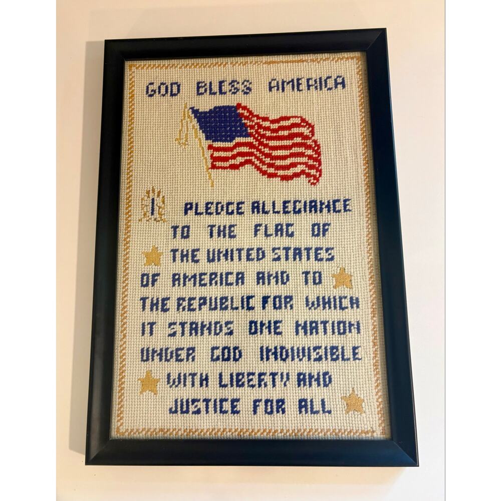 God Bless America Pledge of Allegiance Patriotic Flag Needlepoint Wall Hanging